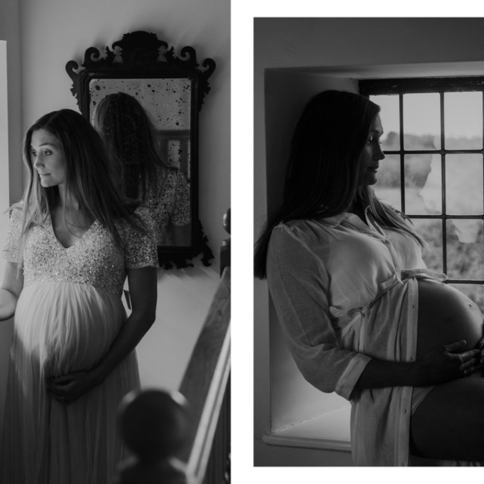 black and white images of pregnant woman looking out the window
