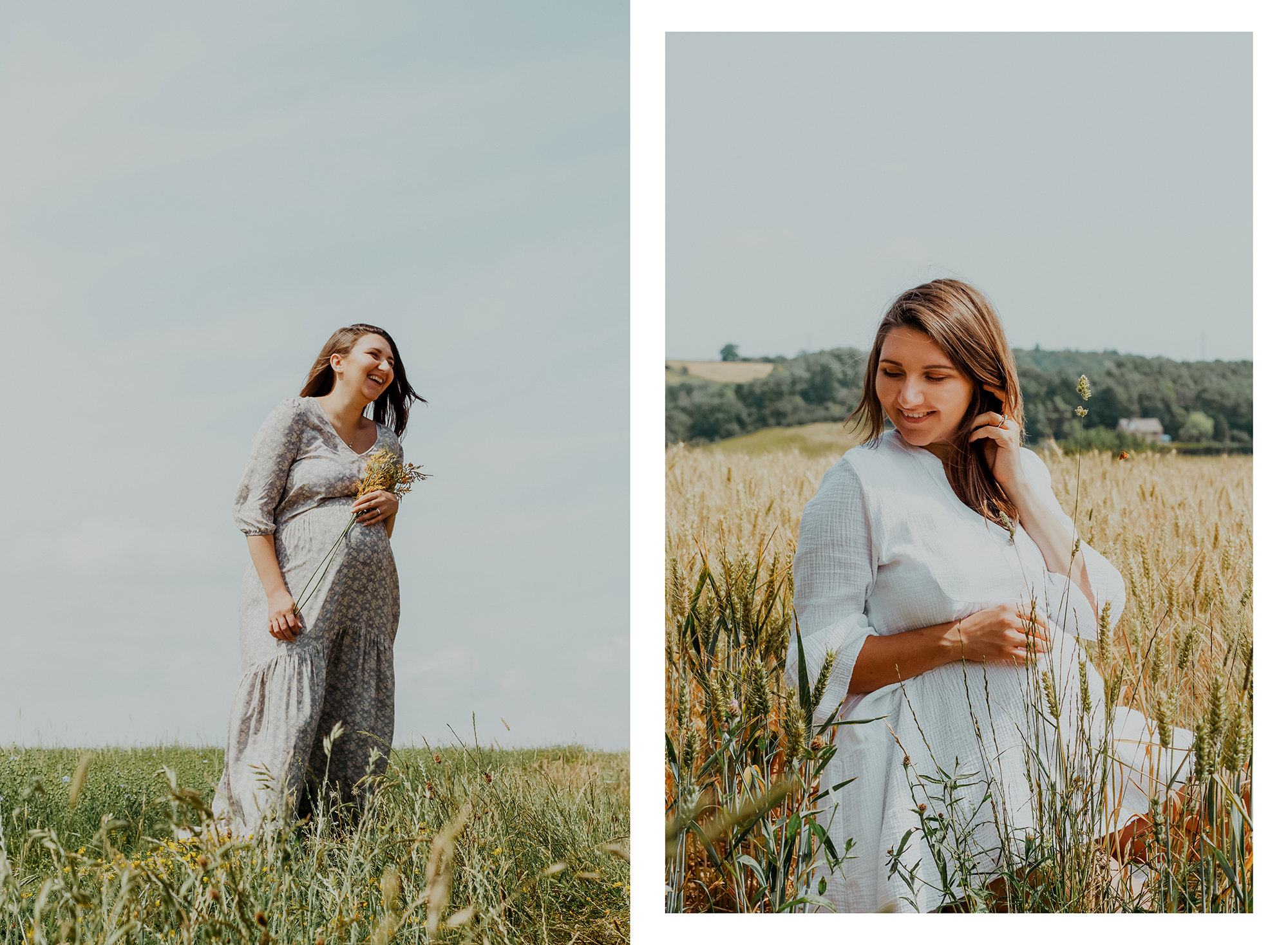 two images of pregnant woman in straw field